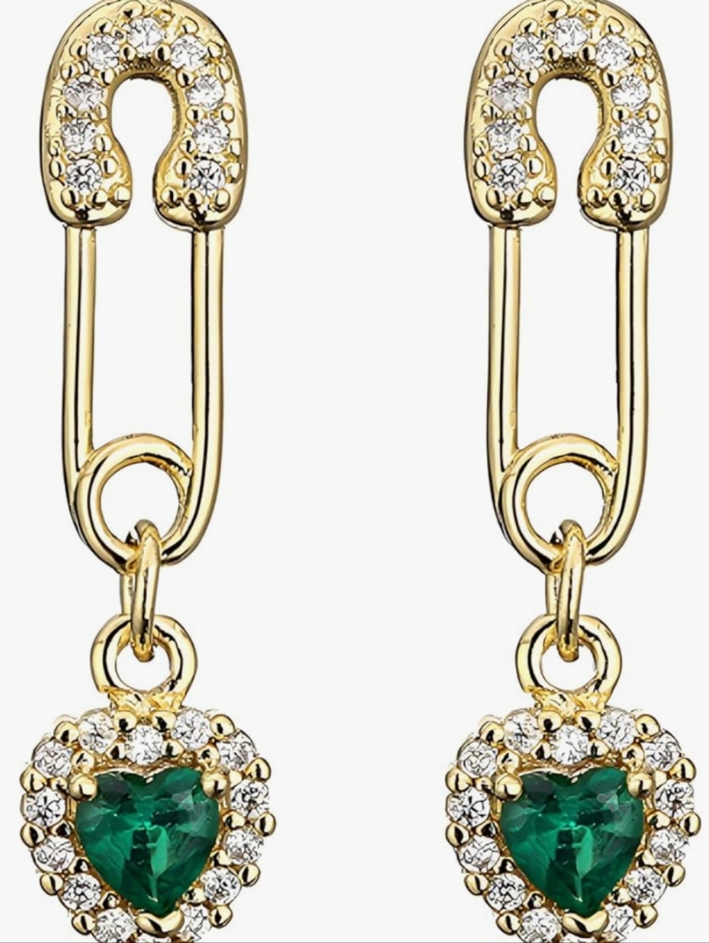 14 K Gold Plated Safety Pin Drop Earrings with Emerald Heart Charm NWT
